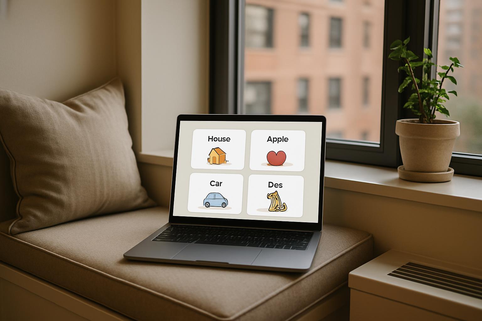 Image of a laptop on a window seat displaying a word and image matching game.