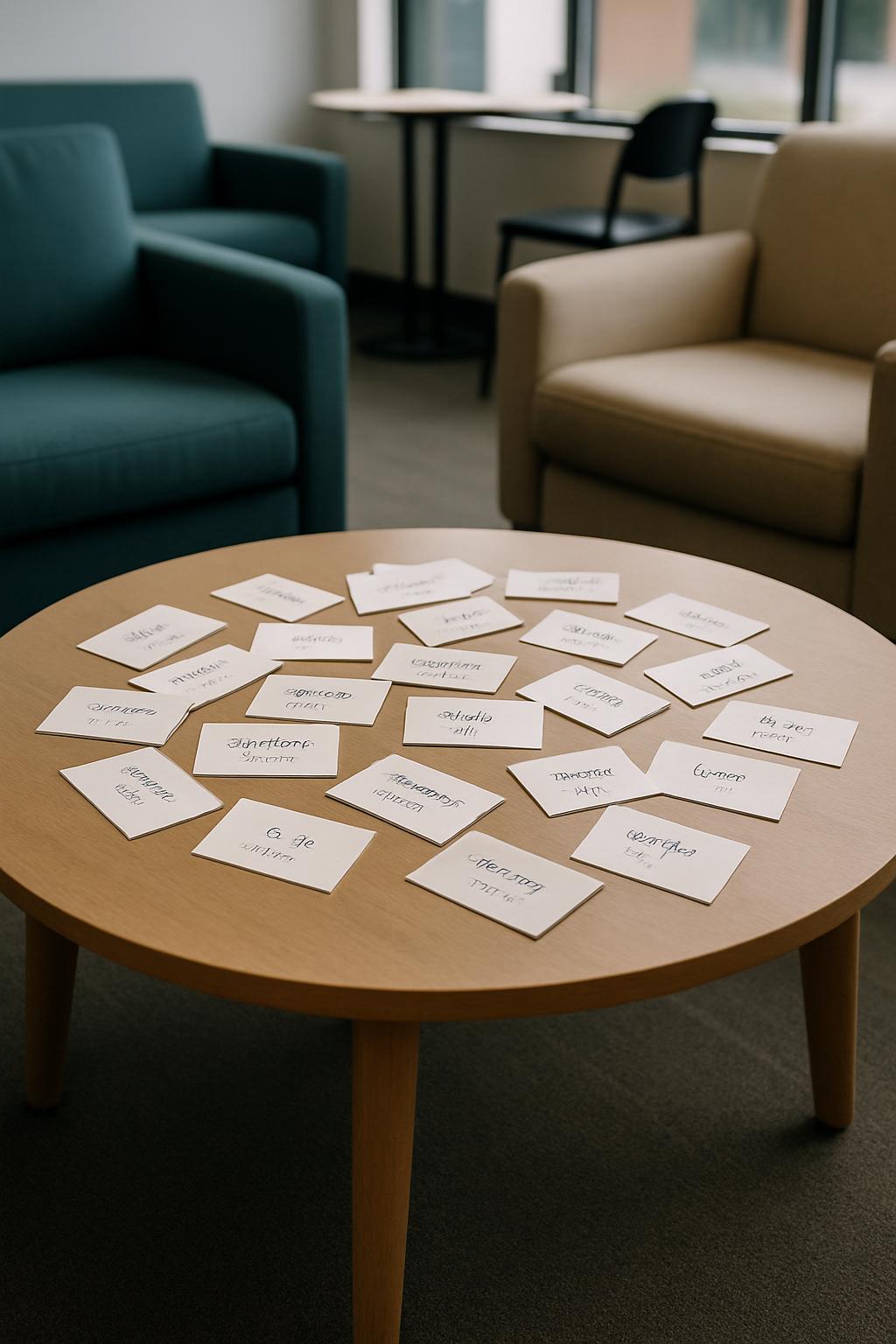 A round, light wooden coffee table with 25 white cards on it with handwritten black words sitting amongst light chairs and...