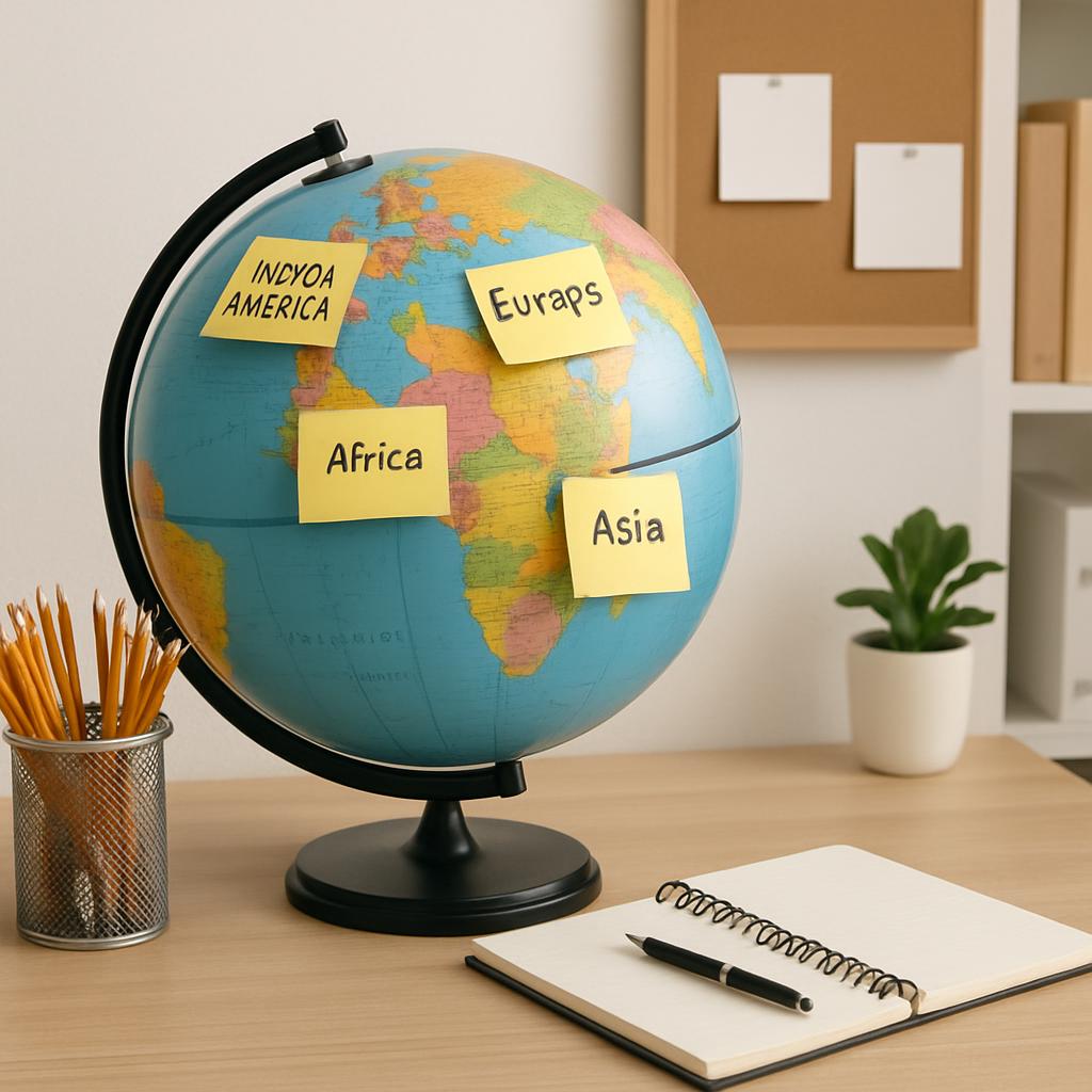 A global workspace with a vibrant atmosphere, featuring a globe with labeled regions and a notepad for brainstorming.