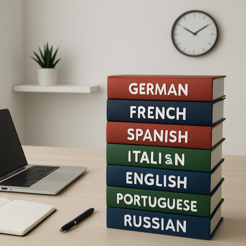 stacked books in different languages and colors with laptops next to each other and a clock on the wall.