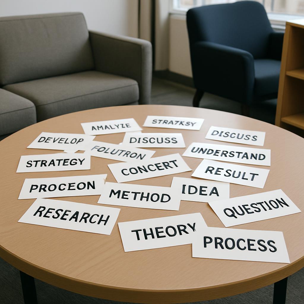 A table with white cards containing words related to research and discussions.