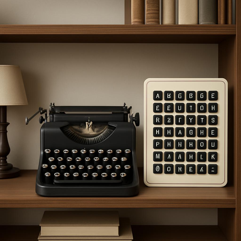 A vintage typewriter on a wooden desk, with a lamp, books, and a mysterious cil fintech keypad.